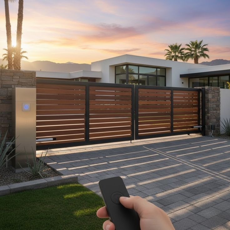 Hand holding a remote pointing at a brown and black automatic swing gate.